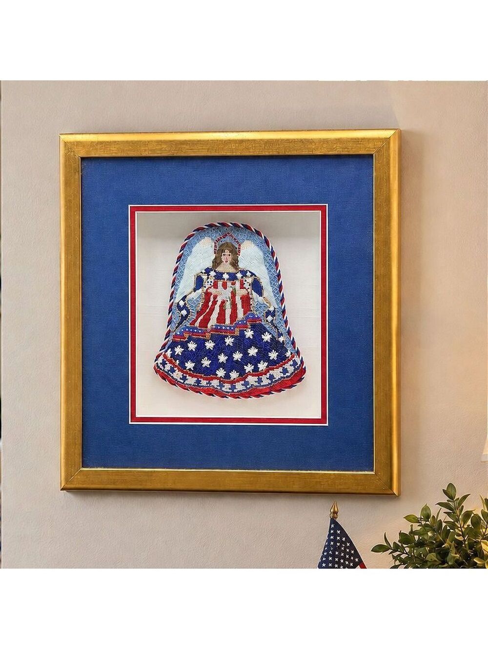 Vtg. Patriotic Angel Needlepoint Framed Textile Art Red White Blue Americana 12"